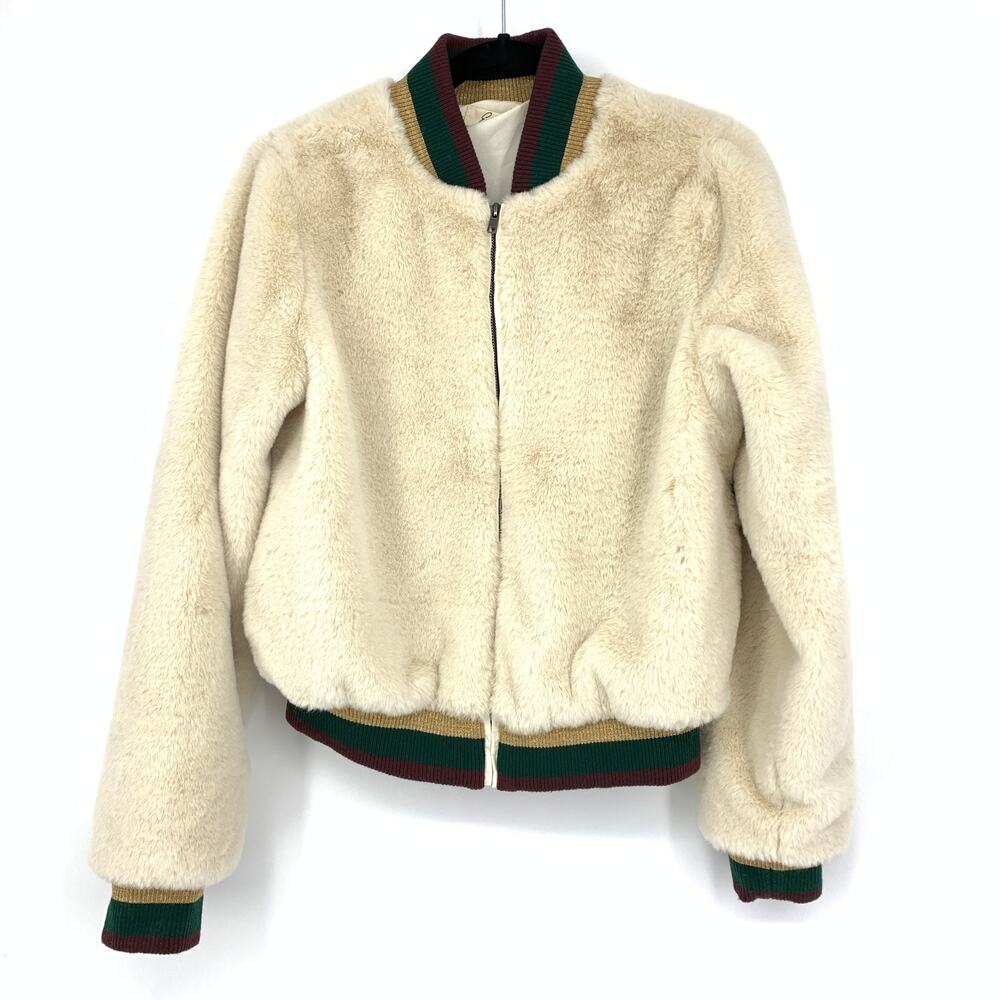 Elan Bomber Jacket Women's Size Small Faux Fur Cream Striped Collar Cuff